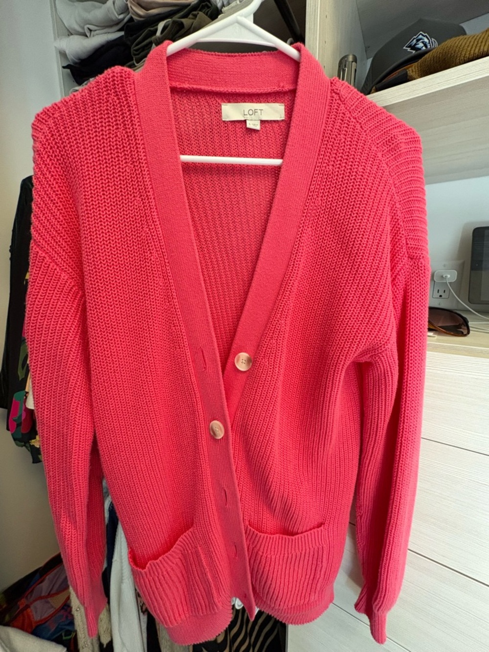 LOFT Coral Pink Knit Button Cardigan with Pockets